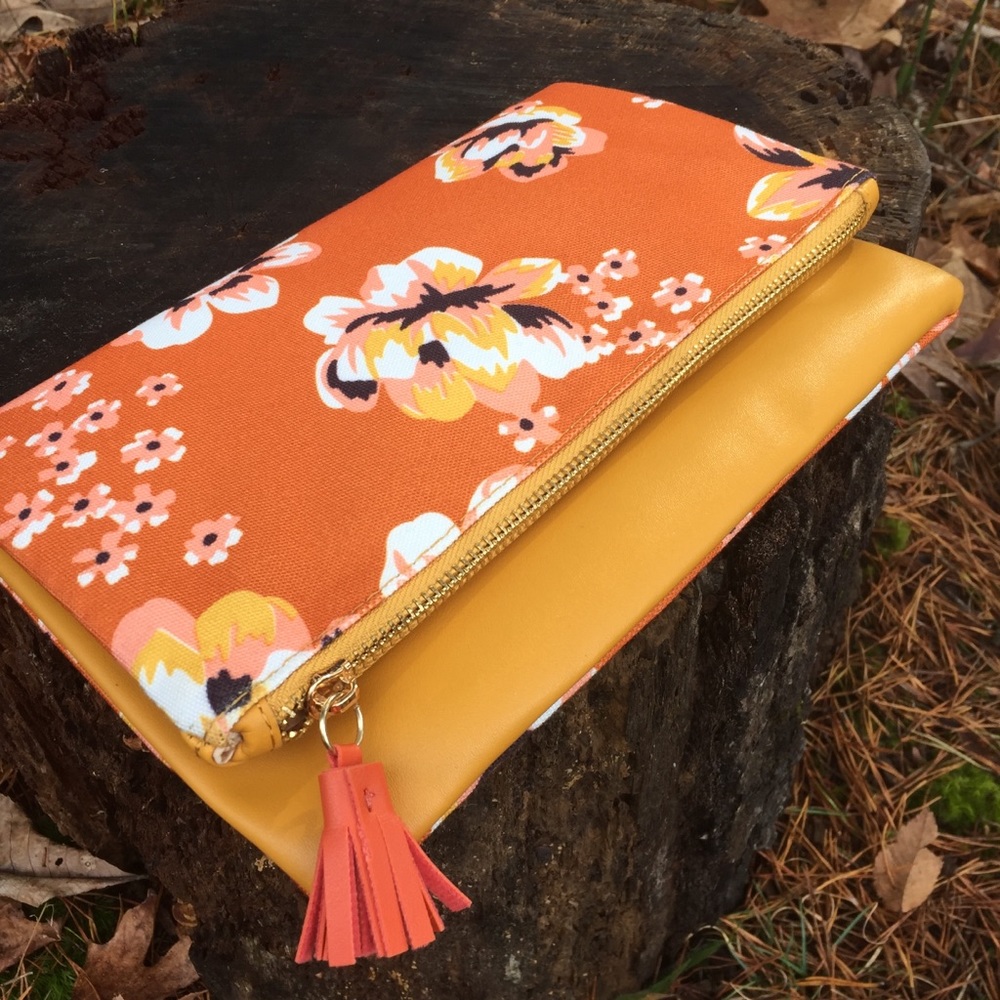 Rachel Pally Fold Over Floral Clutch Bag Orange Bright Summer Zip Close